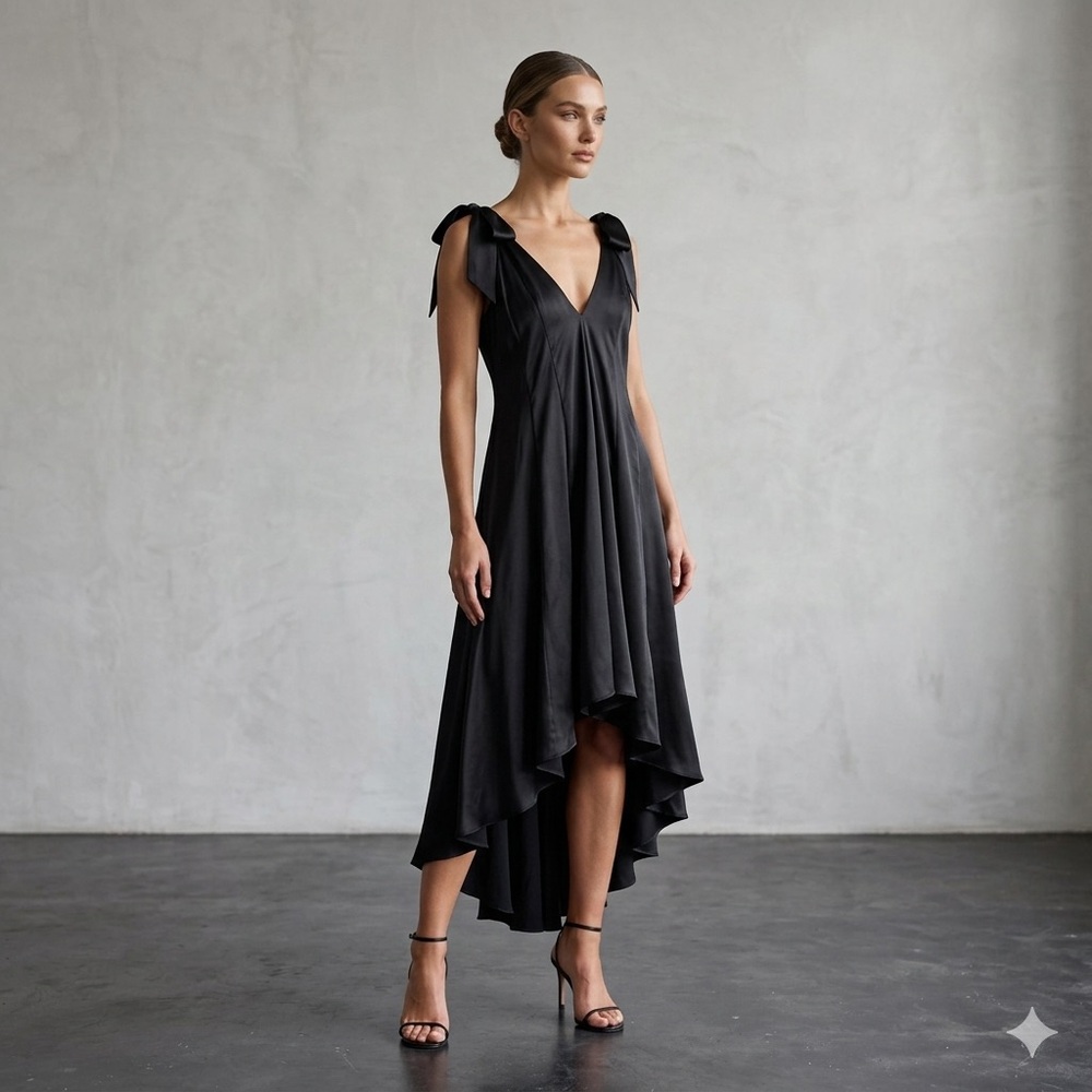 Thomas Wylde 100% Silk Black High-Low Dress Size 6 Bow Tie Cocktail Dress